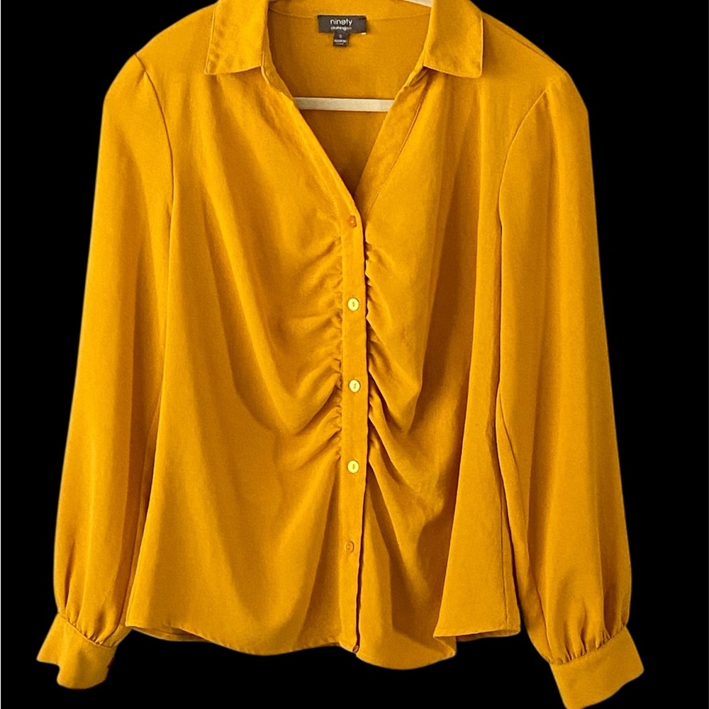 Yellow Ruched Notched Collar Blouse